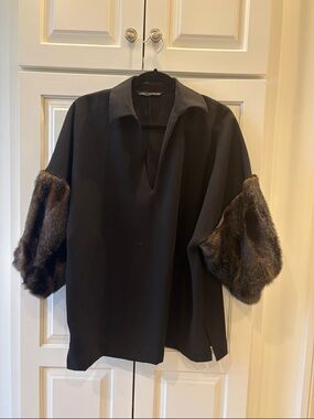 Zara Black Top with Faux Fur Brown Sleeve Accents